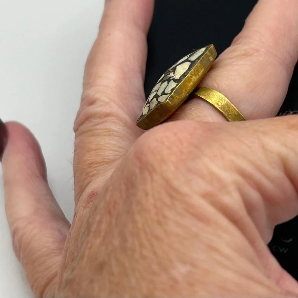 Vintage India Ring - Brass Bronze Inlaid Stone Mosaic With Paisley